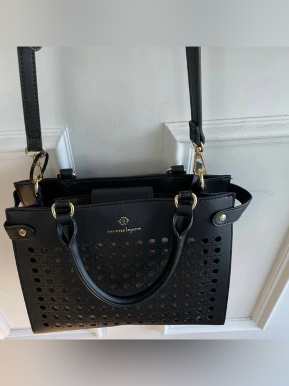 Nanette Lepore Black Perforated Leather NWOT vegan black handbag/Crossbody